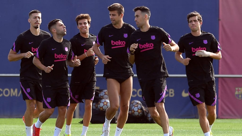 Barcelona’s Clement Lenglet, Jordi Alba, Riqui Puig, Gerard Pique, Sergio Busquets and Sergi Roberto attend a training session on the eve of their Champions League match against Bayern Munich. Photograph: Josep Lago/AFP via Getty Images