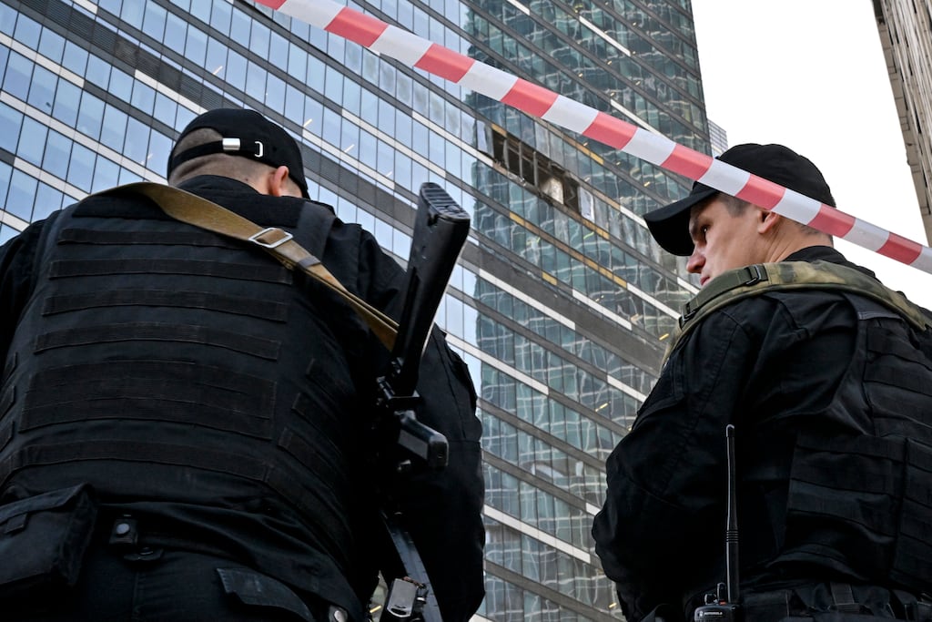 Police block off an area around a damaged office block of the Moscow International Business Center (Moskva City) following a reported drone attack on August 1st, 2023. Photograph: ALEXANDER NEMENOV/AFP via Getty Images
