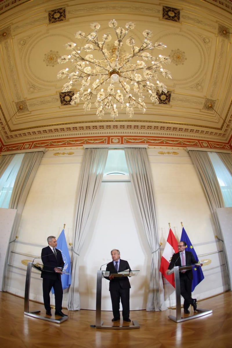 Austrian chancellor Karl Nehammer (left), UN secretary-general Antonio Guterres (centre) and Austrian foreign minister Alexander Schallenberg at a news conference at the Austrian chancellery in Vienna. Photograph: Heinz-Peter Bader/EPA