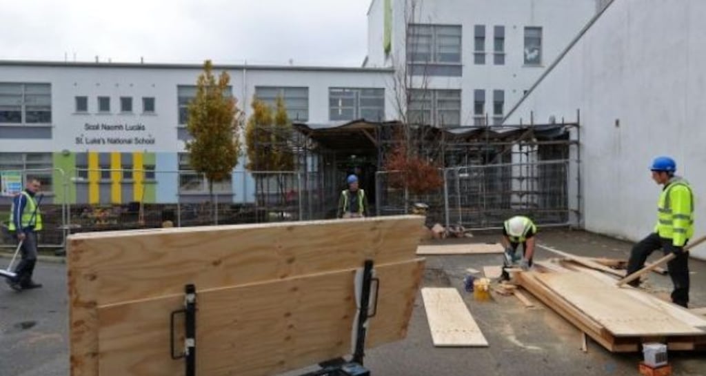 A file image of builders carrying out remedial work at St Luke’s National School in Tyrrelstown, Dublin after structural defects were identified. File photograph: Colin Keegan/Collins.