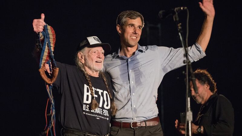 Singer-songwriter Willie Nelson and Beto O’Rourke during the Turn Out for Texas Rally, in Austin, last month. Photograph: Rick Kern/WireImage