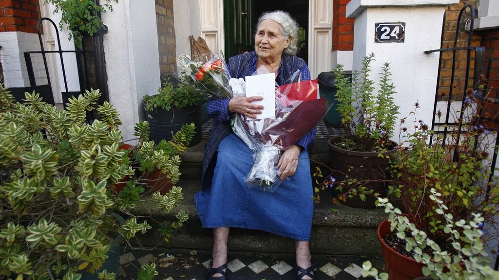 British novelist Doris Lessing  on the doorstep of her house in London in 2007. Lara Feigel explores Lessing’s work and life for her novel. Photograph: Kieran Doherty/Reuters