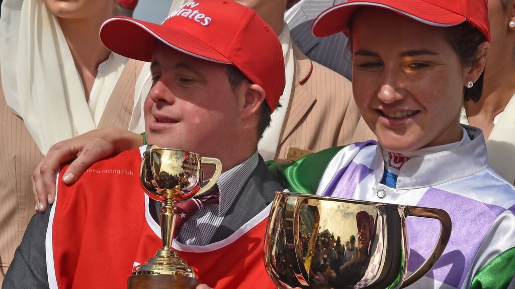Michelle Payne  with her brother    Steven after she become the first female jockey to win a Melbourne Cup, “the race that stops Australia”. Photograph: Paul Crock/AFP/Getty Images