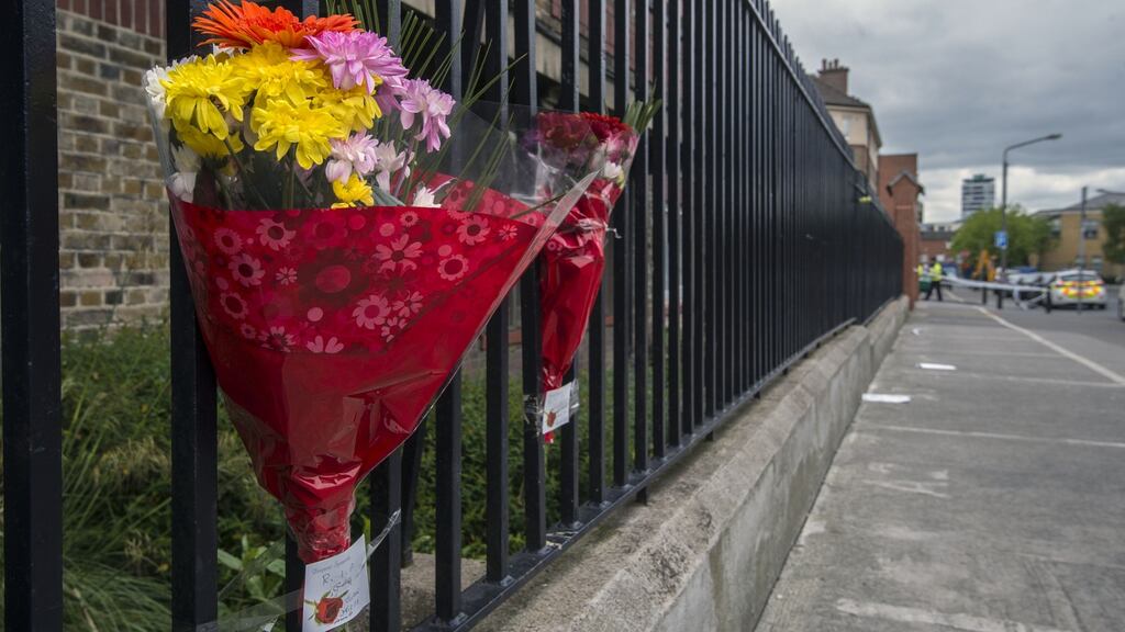 Flowers placed at Avondale House, Cumberland Street,Dublin where Gareth Hutch was shot dead. Photograph: Brenda Fitzsimons