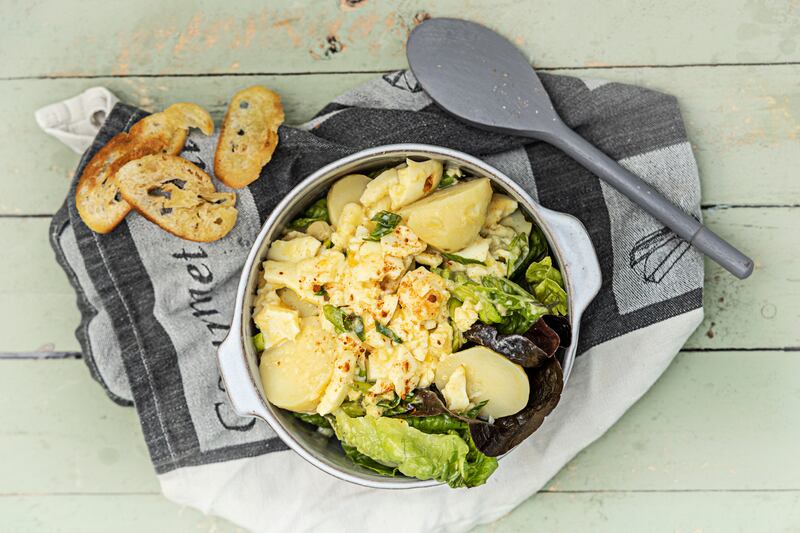 Little gem lettuce with baby potatoes, devilled egg and spring onion dressing