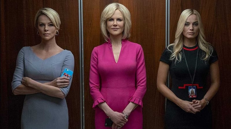 Charlize Theron plays Megyn Kelly (left) in a study of sexual harassment at Fox News, with Nicole Kidman and Margot Robbie