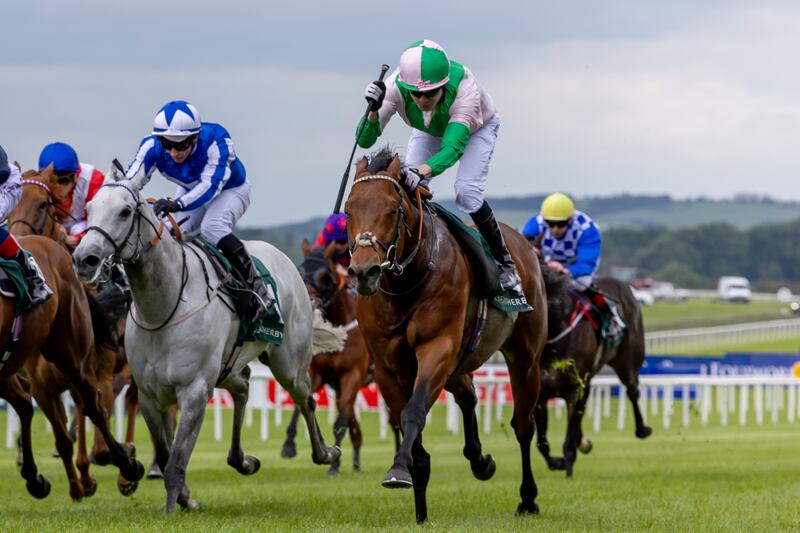 Jamie Spencer on Mitbaahy comes home to win the Weatherbys Ireland Greenlands Stakes at the Curragh. Photograph: Morgan Treacy/Inpho