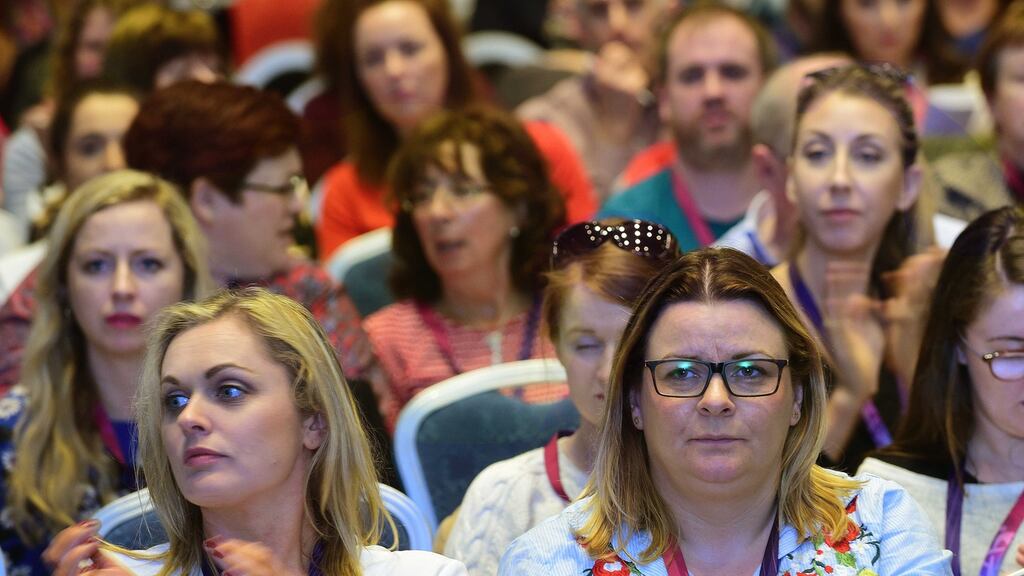 Tara O’Sullivan and Helen Fields, Dublin North branch delegates at the Irish National Teachers’ Organisation annual congress in Galway yesterday. Photograph: Moya Nolan
