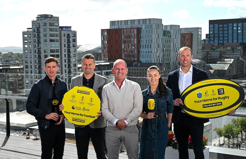 Ryle Nugent (centre) of Premier Sports with (from left) UCD footballer Ronan Finn, former Republic of Ireland goalkeeper Shay Given, presenter Aisling O'Reilly and former Ireland and Ulster rugby player Stephen Ferris at the launch of Premier Sports' autumn soccer and rugby schedule in September. Photograph: David Fitzgerald/Sportsfile