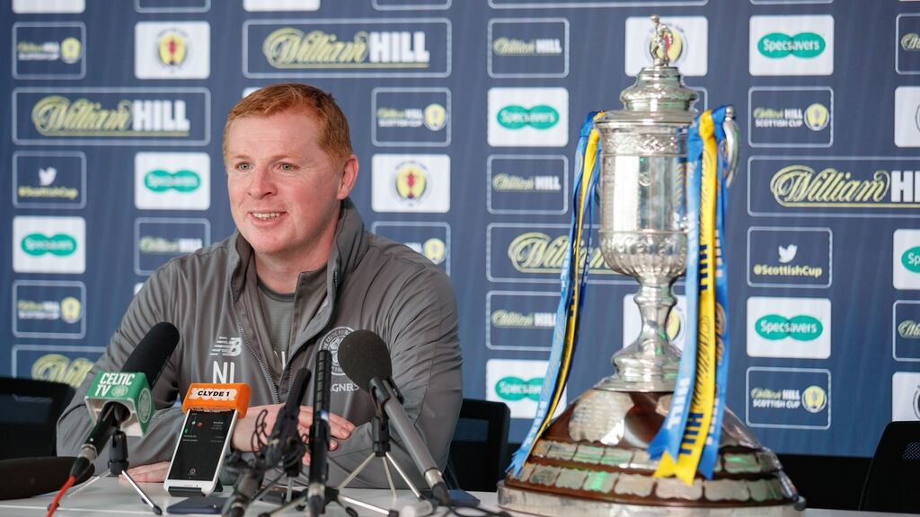 Celtic manager Neil Lennon prior to him asking for the Scottish Cup trophy to be removed during a press conference at Lennoxtown ahead of the semi-final against Aberdeen at Hampden Park. Photograph: Steve Welsh/William Hill/PA Wire