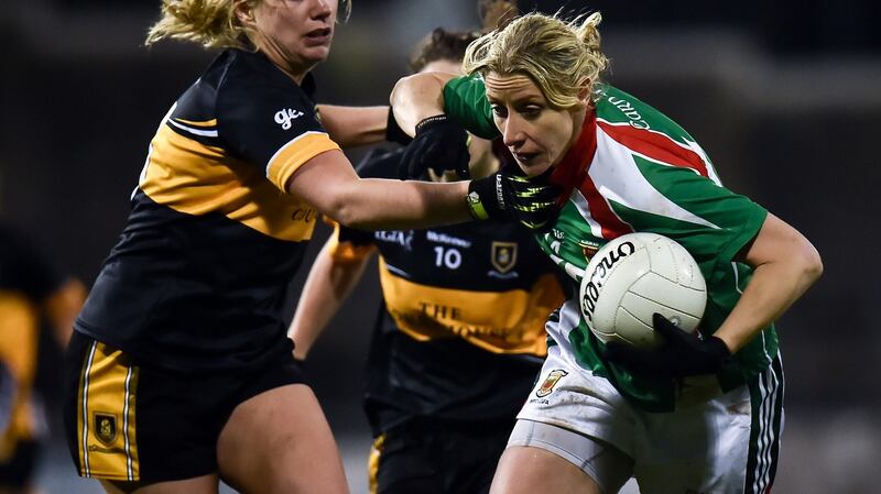 Cora Staunton of Carnacon in action against Cathy Ann Stack of Mourneabbey at Parnell Park. Photograph: Seb Daly/Sportsfile