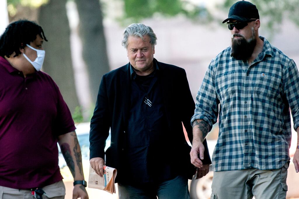 Former White House adviser Steve Bannon, centre, arrives at the US District Court House as his trial for contempt of Congress continues, in Washington, DC. Photograph: Stefani Reynolds / AFP via Getty