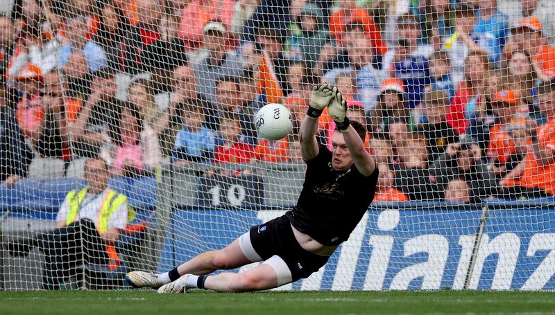Monaghan’s goalkeeper Rory Beggan making one of his two penalty saves in the quarter-final against Armagh. Photograph: James Crombie/Inpho