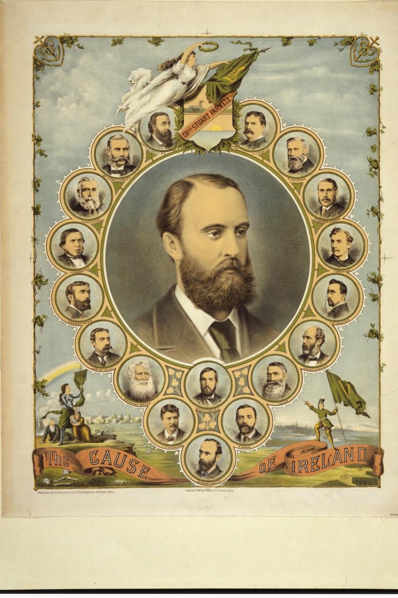 The cause of Ireland:  Charles Stewart Parnell encircled by 18 smaller portraits of men prominent in Irish politics and government. Photograph:  Thomas B. Noonan & Co / Library of Congress.