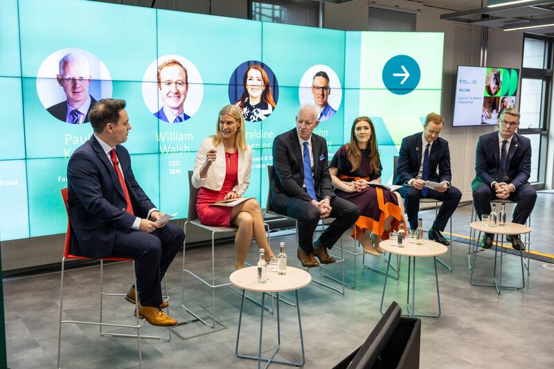 Conor O’Donovan, head of the National Enterprise Hub, Pippa Hackett, Minister of State for Land Use, Paul Kelly, Failte Ireland CEO, Geraldine Magnier, Small Firms Association chair, William Walsh, SEAI CEO, and John Murray, director of food and beverages at Bord Bia. Photograph: Shane O'Neill/ Coalesce