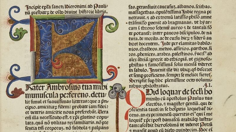 The Bible in Latin, printed in Nuremberg by Anton Koberger in 1478, from the Jesuit collection known as “the O’Brien Library”, which will go under the hammer in a major auction at Sotheby’s next June. Photograph from Sotheby’s