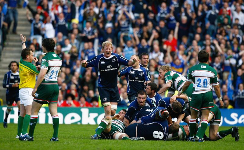 Leo Cullen celebrates at the final whistle in the 2009 Heineken Cup final between Leinster and Leicester. Photograph: Jeff J Mitchell/Getty Images