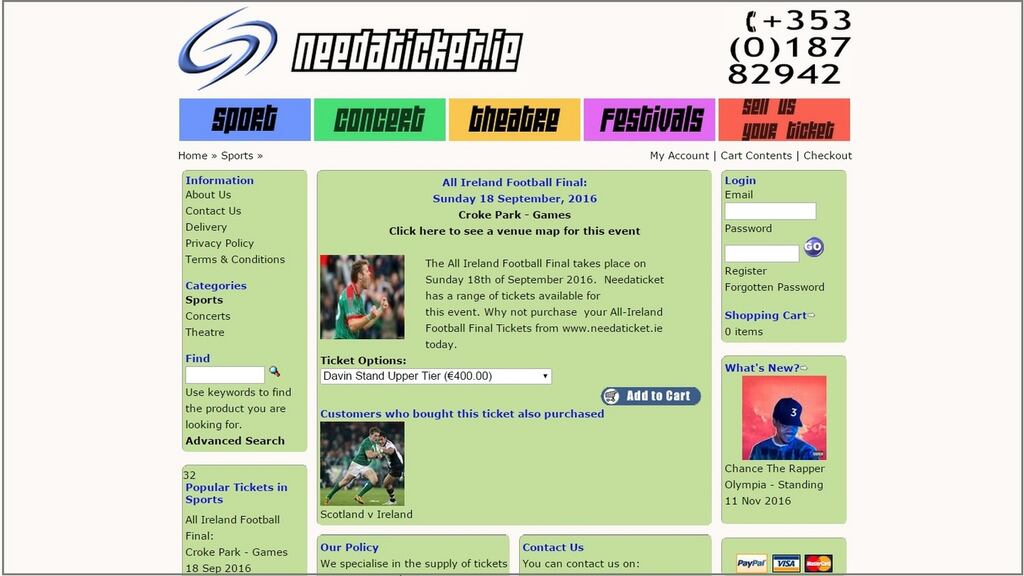 Tickets for the All-Ireland football final are selling for as high as €590 on ticket re-selling website needaticket.ie. Photograph: Screenshot/Needaticket