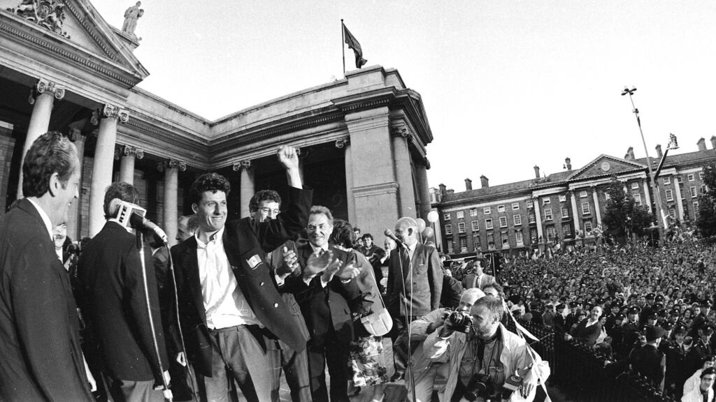 The Ireland soccer team are greeted by some 500,000 fans at College Green following their World Cup campaign in 1990. Photograph: Frank Miller
