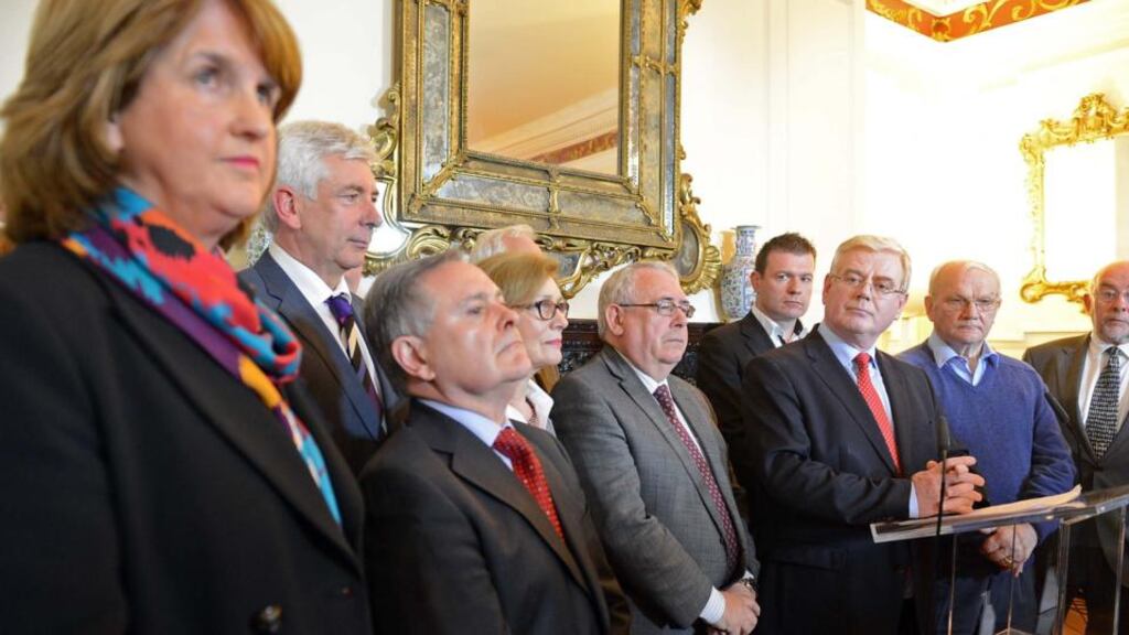 ‘We don’t like losing elections and in Eamon Gilmore’s departure we have lost not just a friend and leader but a man who, with his team, put Ireland first. Today we elect a new leader. In Joan Burton and Alex White we have two fine candidates.’ Above, Tánaiste and Minister for Foreign Affairs, Eamon Gilmore speaking on his resignation as Labour Party leader. Photograph: Eric Luke / The Irish Times