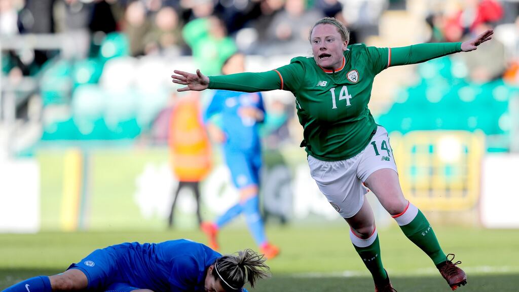 Ireland’s Amber Barrett scoring against Slovakia at Tallaght Stadium, Dublin, in a  World Cup qualifier in 2018. Photograph: Ryan Byrne/Inpho