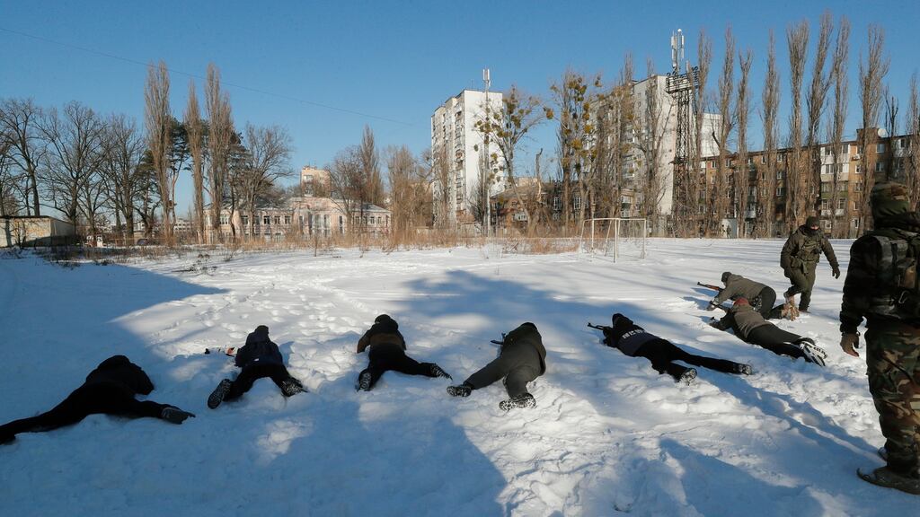 Ukrainians civilians getting military training from  Georgian National Legion fighters in Kiev on Friday amid escalation on the Ukraine-Russian border. Photograph: Sergey Dolzhenko/EPA