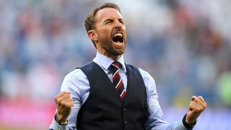 England manager Gareth Southgate celebrates victory over Sweden in the World Cup quarter-final in Samara. Photograph: Owen Humphreys/PA Wire.