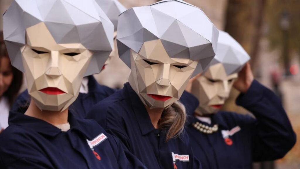 Protestors dressed as “Maybots” demonstrate at the entrance to Downing Street on Wednesday following a meeting of the British cabinet ahead of the chancellor’s budget speech. Photograph: Christopher Furlong/Getty Images