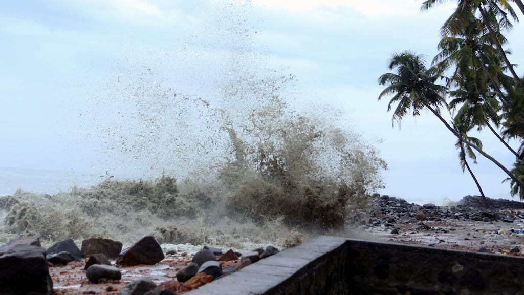 High waves crest at at the sea shore near Chellanam village in the South Indian state of Kerala, India. Photograph: EPA
