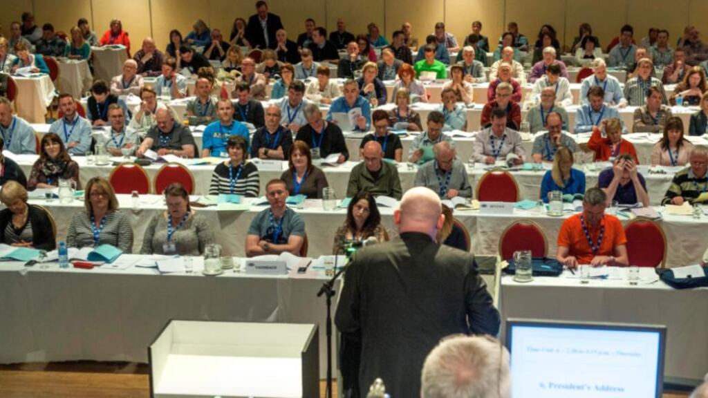 Brendan Lawless, president of the PSEU, addressing the conference in Killarney yesterday. Photograph: Don MacMonagle