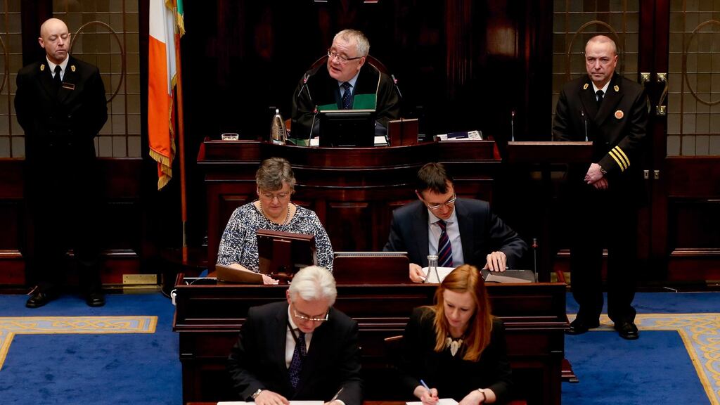 Ceann Comhairle Seán Ó Fearghaíl (top, centre) at the first sitting of the 32nd Dáil on March 10th. Photograph: Maxwell’s