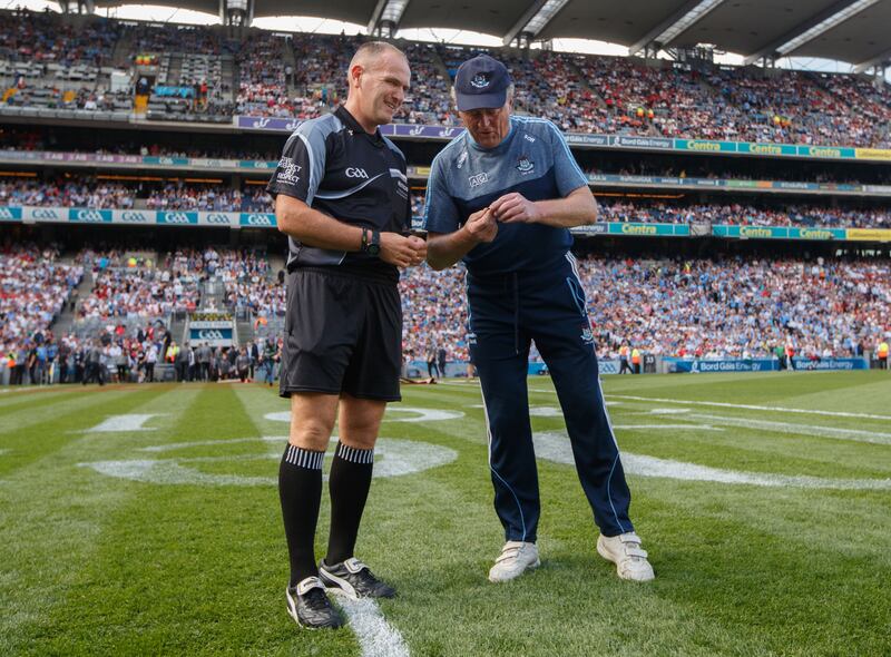 Referee Conor Lane and Dublin selector Shane O'Hanlon share a joke before the GAA All-Ireland Senior Football Championship Final between Dublin and Tyrone at Croke Park in 2018. Photograph: ©INPHO/James Crombie
