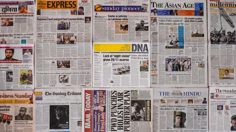 Front pages of India’s major news papers report the death of Fidel Castro. Photograph: Getty