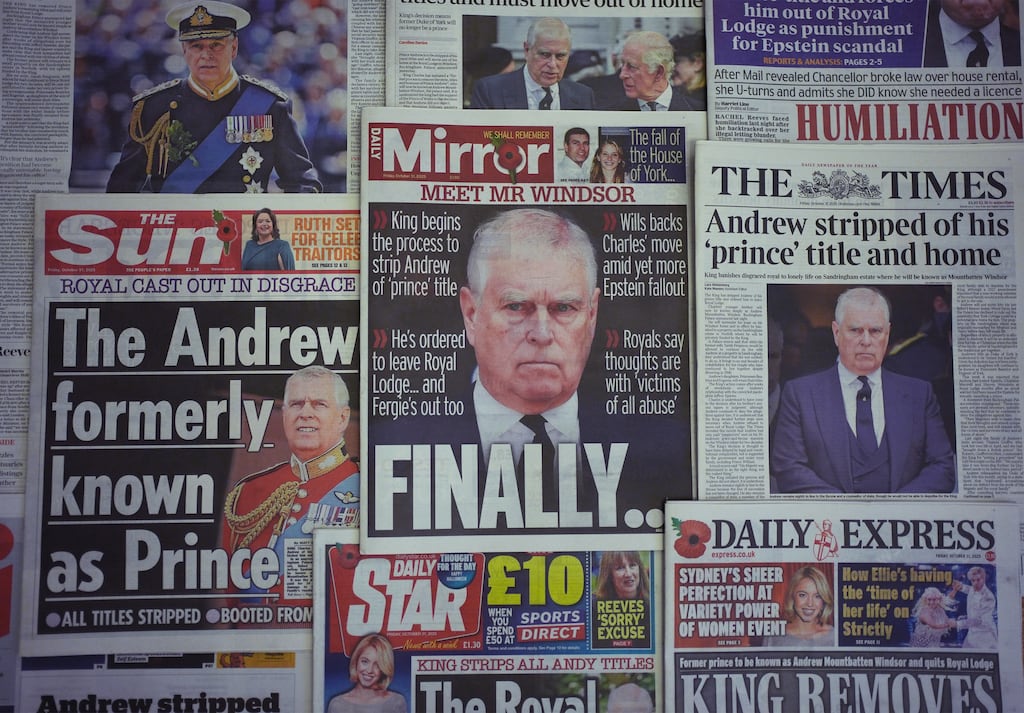The front pages of UK national newspapers on display in London showing Andrew Mountbatten Windsor after he was stripped of his royal titles. Photograph: Jonathan Brady/PA