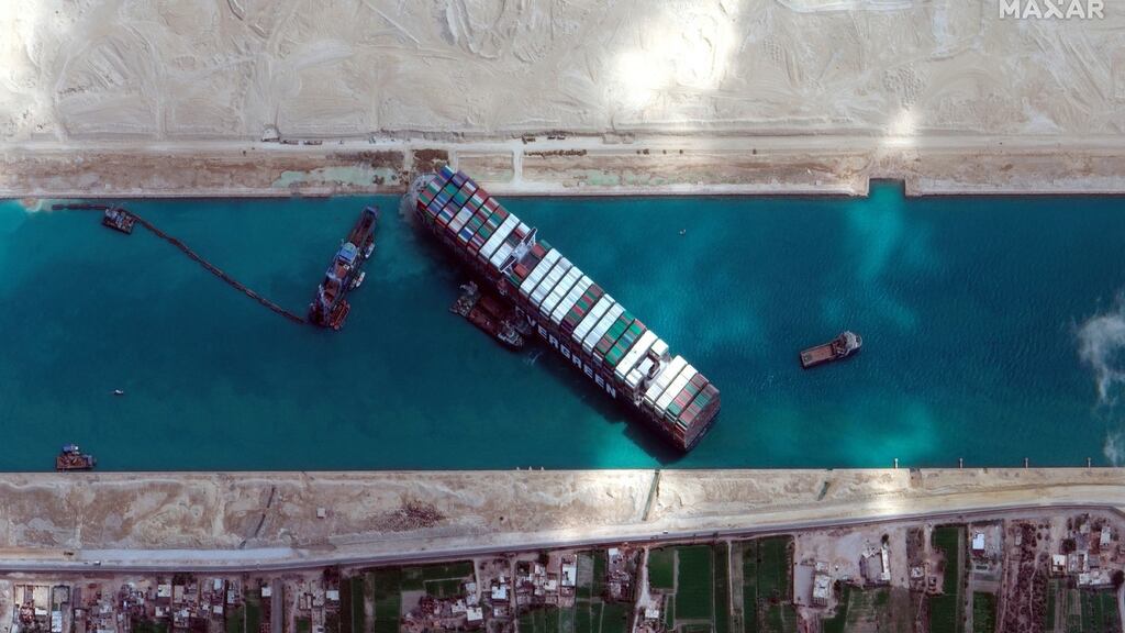 The MV Ever Given stuck in the Suez Canal near Suez, Egypt, last month. Photograph: ©Maxar Technologies via AP