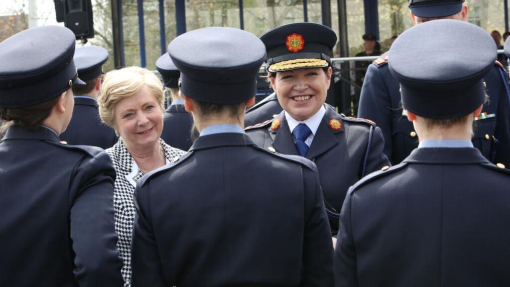 Attending the Garda graduations in Templemore on Thursday were the Minister for Justice Frances Fitzgerald meeting the graduates as Garda Commissioner Nóirín O'Sullivan hands out their Garda id cards. Photograph Liam Burke/Press 22