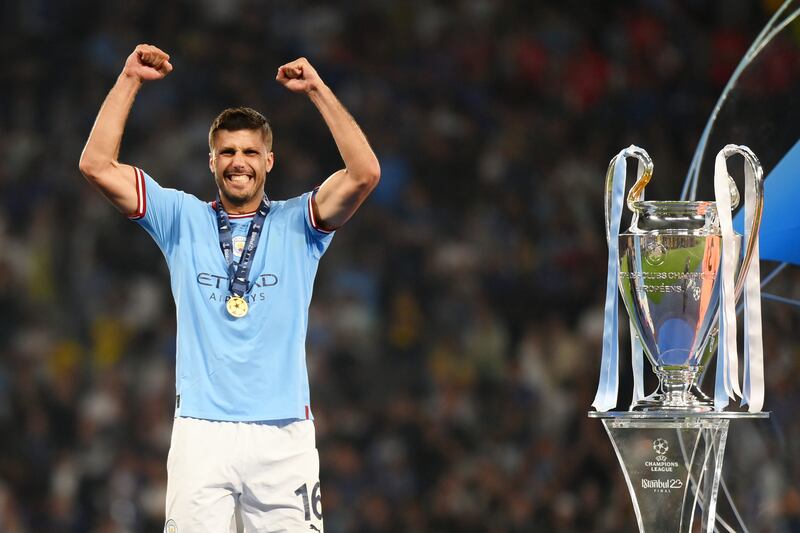 Rodri celebrates Manchester City's Champions League win in 2023. Arsenal are crying out for a Rodri. Is Rice up for the challenge? Photograph: Shaun Botterill/Getty Images