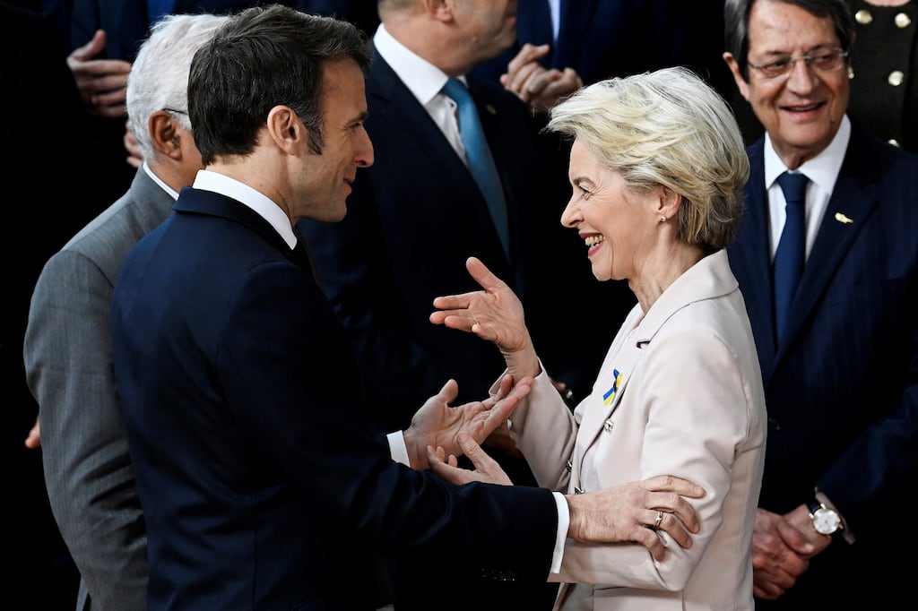 French president Emmanuel Macron with European Commission president Ursula von der Leyen: both politicians will be visiting Beijing next week. Photograph: John Thys/AFP/Getty Images