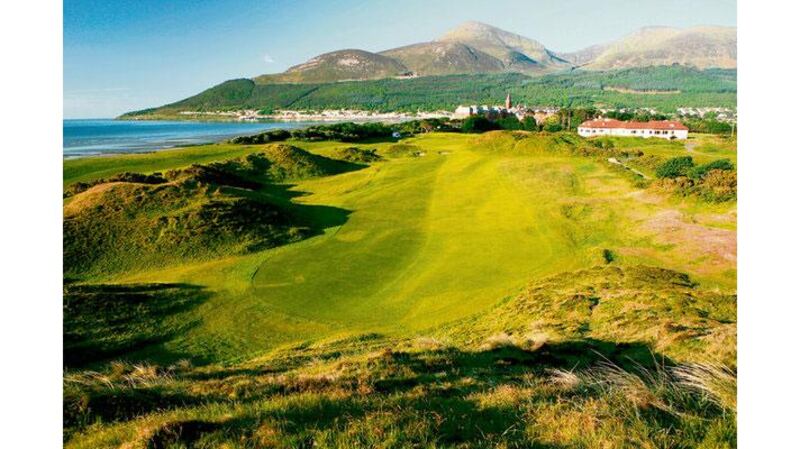 A view of the 486-yard par four ninth hole on the championship course at the Royal County Down Golf Club in Newcastle, Co Down. The club assumed the number one spot from Portmarnock in this year's Golf Digest Ireland top 100-ranked courses. Photograph: David Cannon/Getty