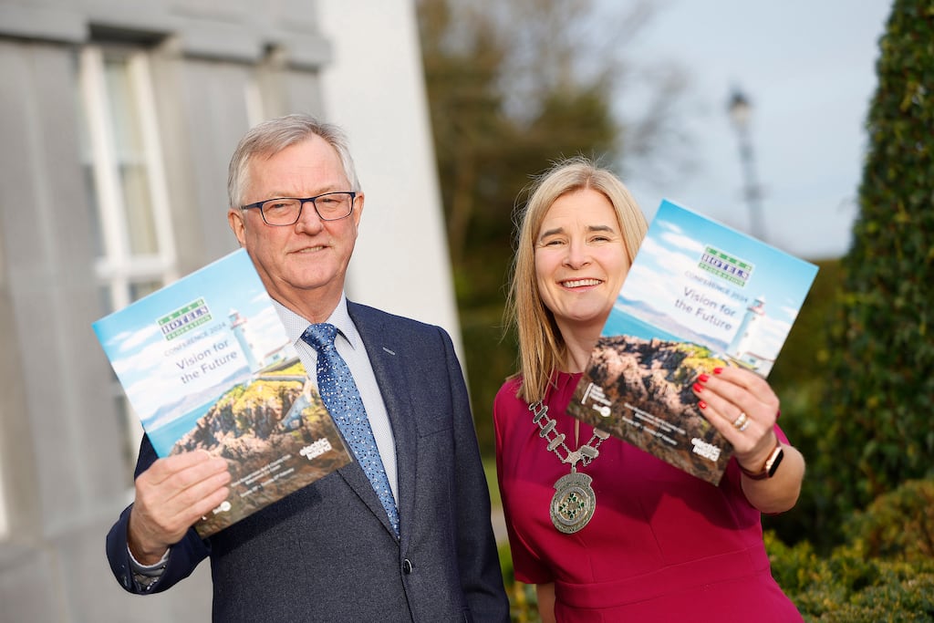 Irish Hotels Federation president Denyse Campbell and chief executive Tom Finn ahead of the group's annual conference in the Slieve Russell, Co Cavan, with more than 400 delegates from across Ireland. Photograph: Julien Behal