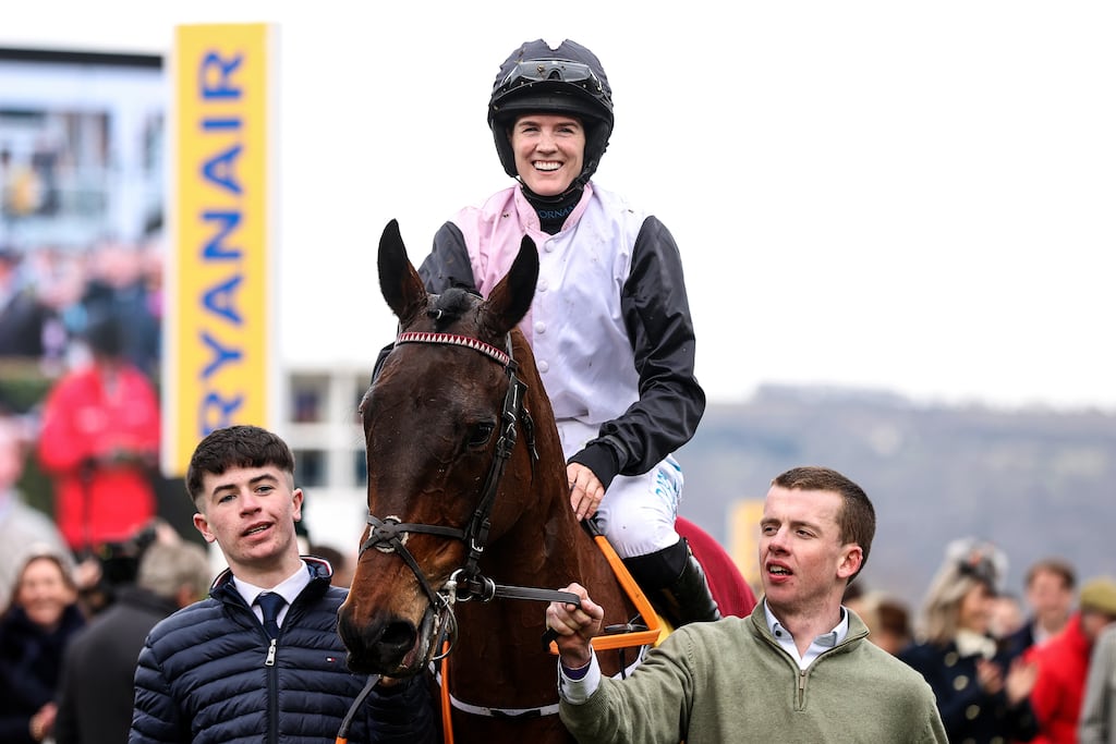 Rachael Blackmore onboard Air Of Entitlement after winning the Ryanair Mares' Novices' Hurdle at Cheltenham. Photograph: Tom Maher/Inpho
