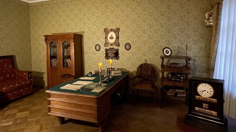A reconstruction of Fyodor Dostoevsky’s study, which includes a few original items, in the Saint Petersburg flat where he wrote The Brothers Karamazov and where he died in 1881. Photograph: Daniel McLaughlin