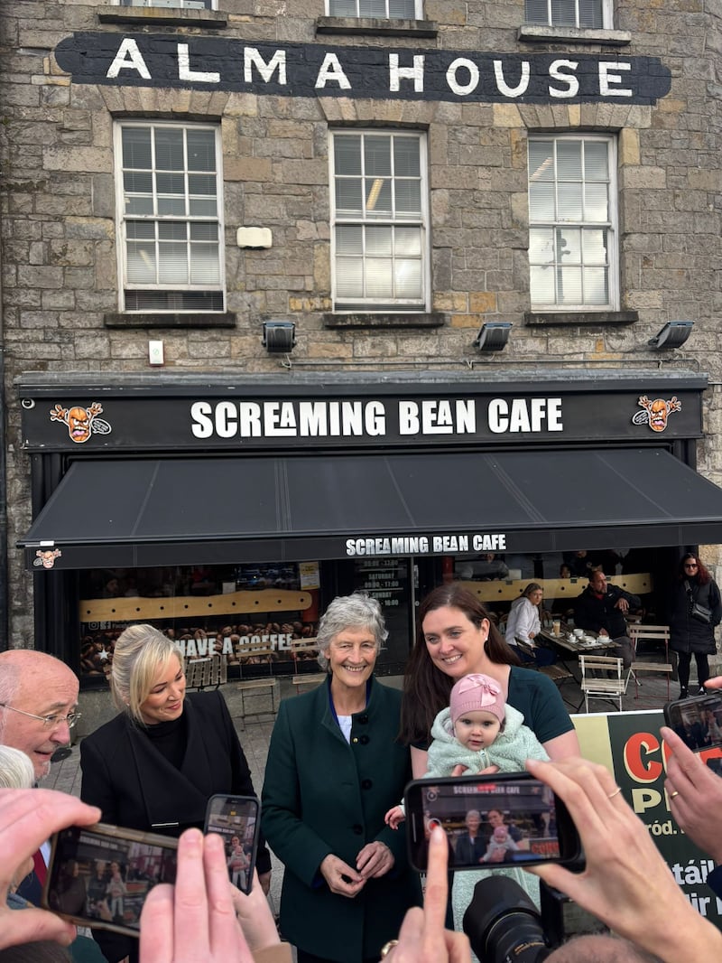 Ciara Lynch and her nine-month-old, Darci Lynch-Murray, meet Catherine Connolly and Michelle O'Neill at an event in Monaghan.
Photograph: Jack Horgan-Jones
