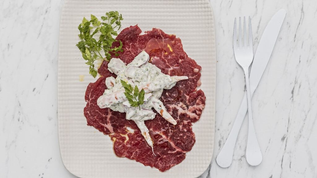 Carpaccio of beef, raw vegetables, herbed creme fraiche. Photograph: Harry Weir