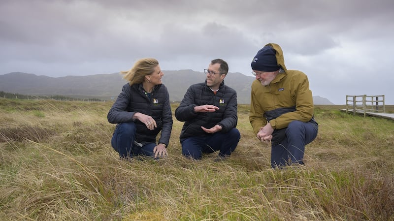 Dr Derek McLoughlin (left, project manager with Wild Atlantic Nature), with Minister of State for Land Use and Biodiversity, Pippa Hackett, and Minister Of State for Heritage, Malcom Noonan, at the the launch of Wild Atlantic Nature, a Special Area of Conservation blanket bogs project, at Ballycroy National Park, Co Mayo. Photograph: Michael McLaughlin