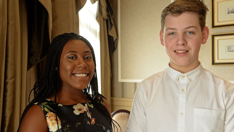 Leinster Young Carer of the Year Seunfunmi Solanke, Slane, Co Meath, and Ulster/Connaught Young Carer of the Year Sean Collins, Smithboro, Co Monaghan. Photograph: Eric Luke