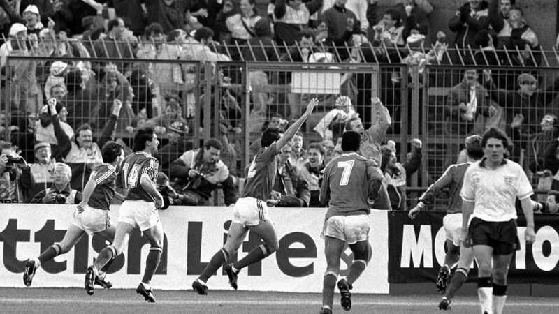 Tony Cascarino celebrates his equaliser in the 1-1 draw against England in November 1990. Photograph: Billy Stickland/Inpho