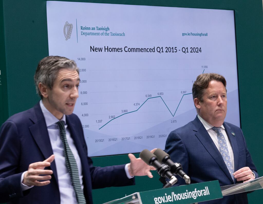 Taoiseach Simon Harris and Minister for Housing Darragh O’Brien speaking to the media in Government Buildings about the Coalition's housing plan. Photograph: Sam Boal/Collins Photos