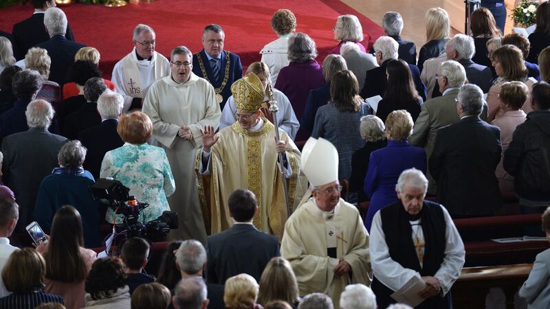 Cardinal Angelo Amato with Church of Ireland Archbishop Michael Jackson and Catholic Archbishop of Dublin Diarmuid Martin during the beatification ceremony for Fr John O Sullivan SJ at Gardiner Street Church. Photograph: Cyril Byrne