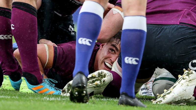 Ireland’s Garry Ringrose celebrates after scoring a try against Japan. Photo: Dan Sheridan/Inpho